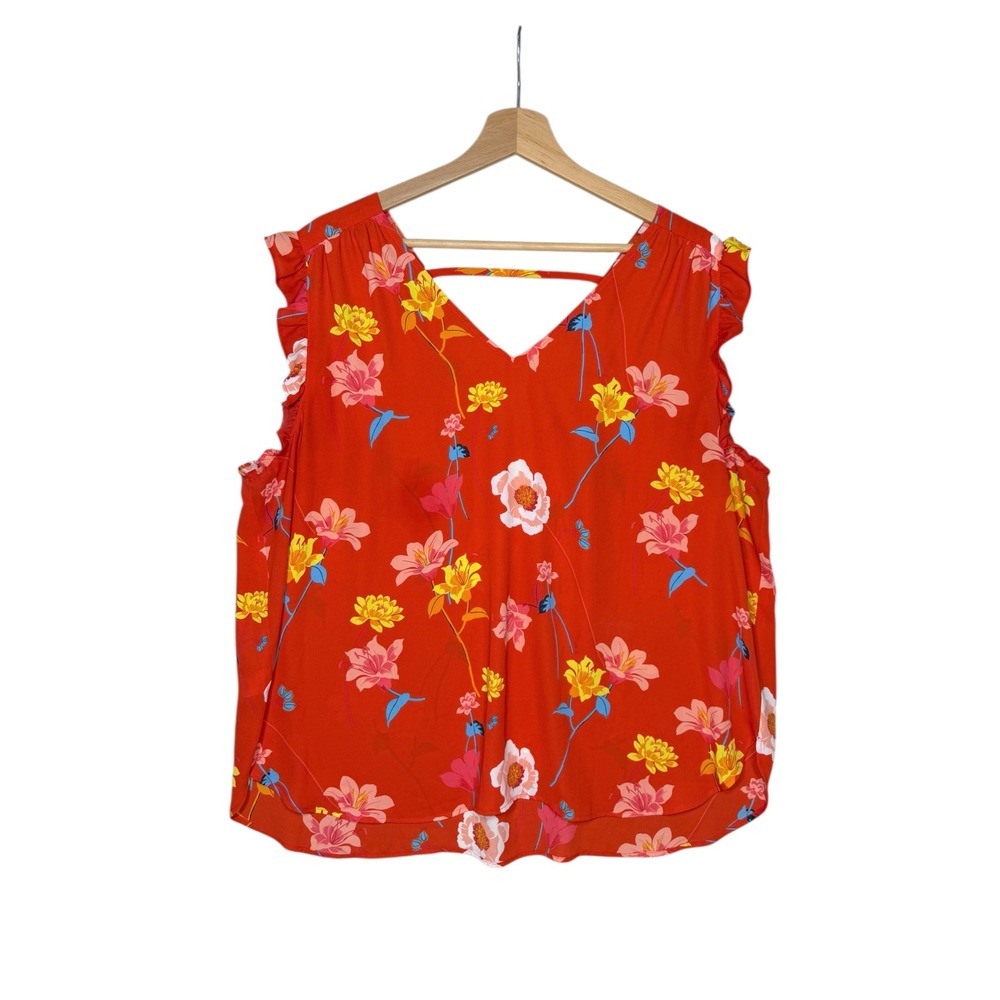 LOFT Women's XXL Orange Floral Ruffle Sleeveless V-Neck Blouse Top